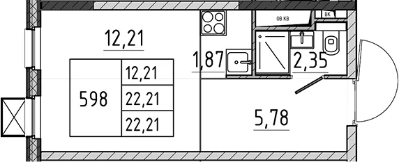 Планировка: Студия 22,2 м² в ЖК «Поварово-Молодежный-2»