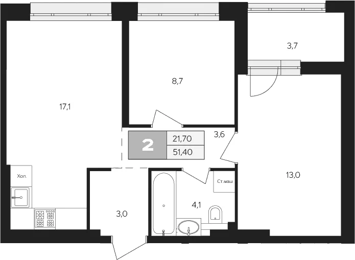 Планировка: 2-комнатная квартира 49,6 м² в ЖК «Ласточкино»