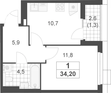 Планировка: 1-комнатная квартира 32,9 м² в ЖК «Скандинавия»