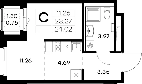 Планировка: Студия 23,3 м² в ЖК «Новоселье»