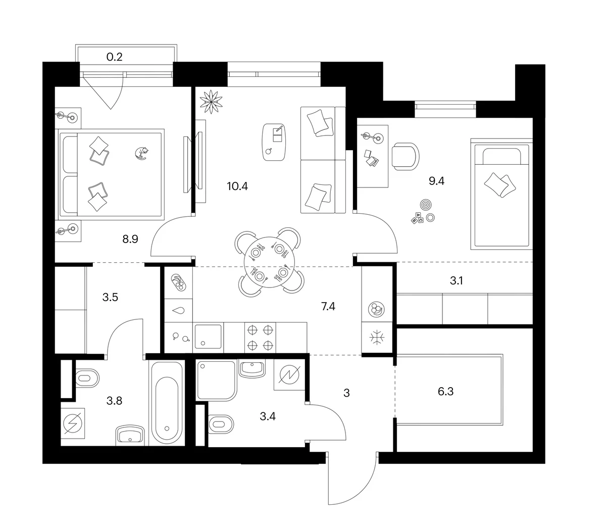 Планировка: 2-комнатная квартира 59,2 м² в ЖК «Лосиноостровский парк»