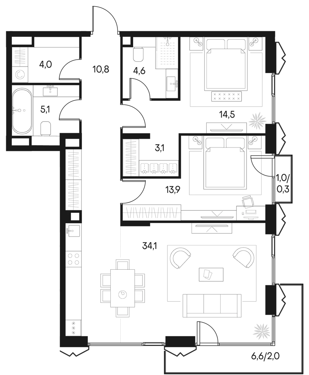 Планировка: Евротрёшка 90,1 м² в ЖК «Клубный город на реке Примавера»
