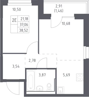 Планировка: Евродвушка 37,1 м² в ЖК «Прибрежный Парк»