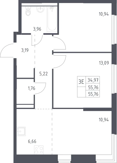 Планировка: Евротрёшка 55,8 м² в ЖК «Пригород Лесное»