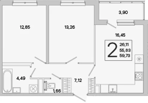 Планировка: Евротрёшка 55,8 м² в ЖК «ЮгТаун. Олимпийские кварталы»