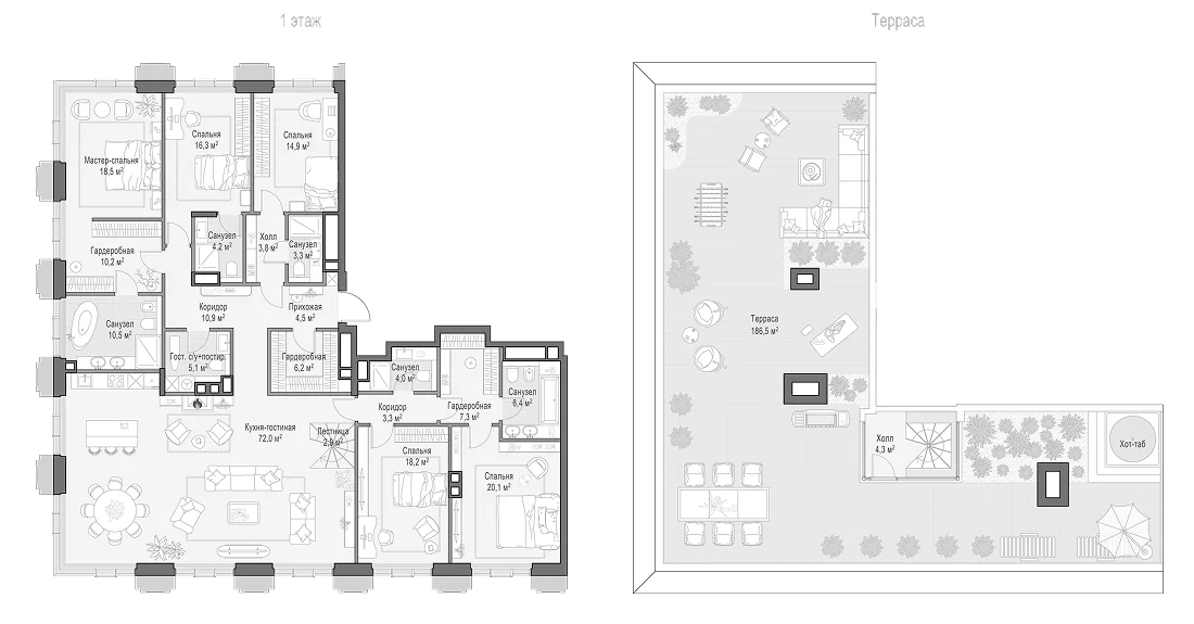 Планировка: 5-комнатная квартира 243 м² в ЖК «Квартал Тишинский бульвар»