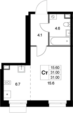 Планировка: Студия 31 м² в ЖК «Кореневский Форт 2.3»