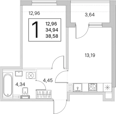 Планировка: 1-комнатная квартира 34,9 м² в ЖК «Любоград в Стрельне»