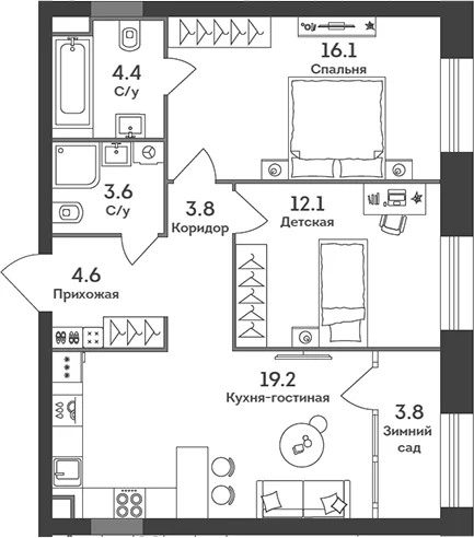 Планировка: Евротрёшка 63,8 м² в ЖК «ЭРА»