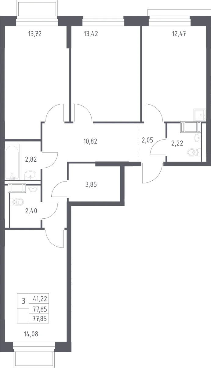 Планировка: 3-комнатная квартира 77,9 м² в ЖК «Томилино Парк»