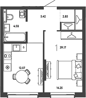 Планировка: 1-комнатная квартира 39,2 м² в ЖК «Страна.Парковая»