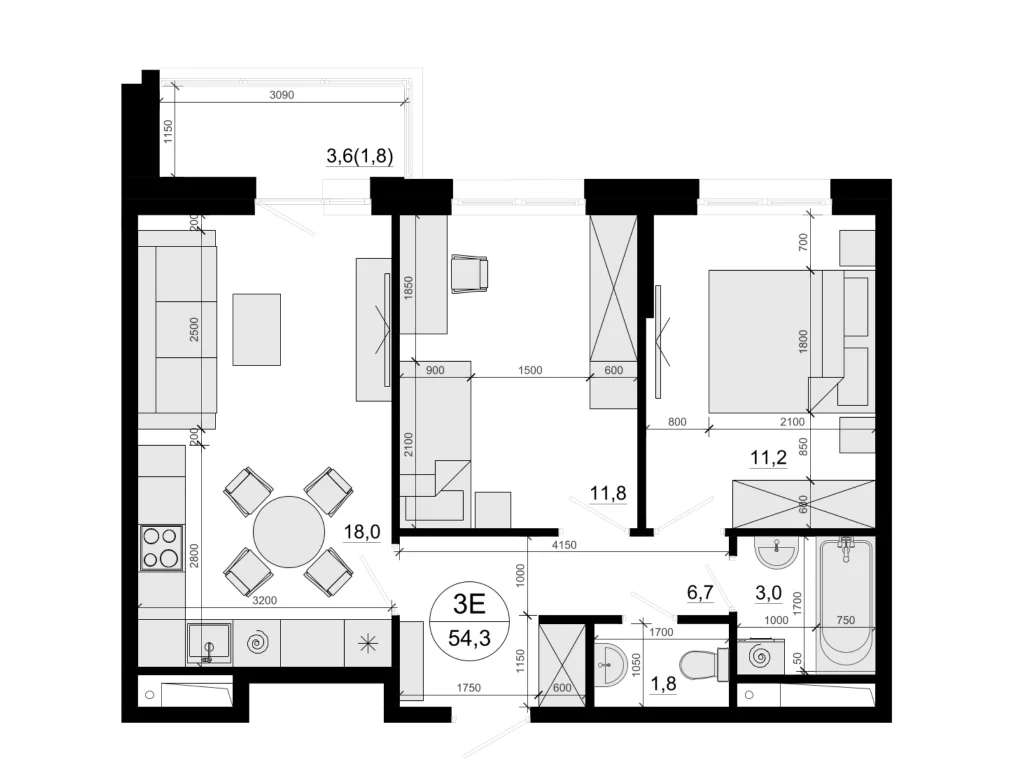 Планировка: Евротрёшка 52,5 м² в ЖК «Одинцовские Кварталы Эволюция»