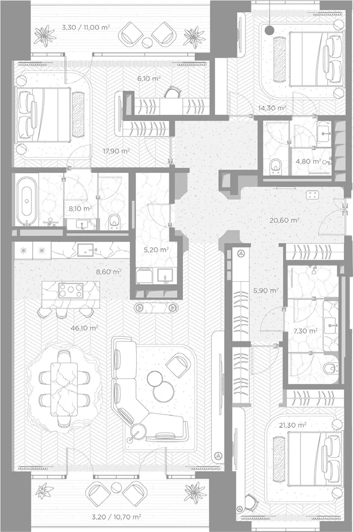 Планировка: 3-комнатная квартира 166,2 м² в ЖК «Николь»