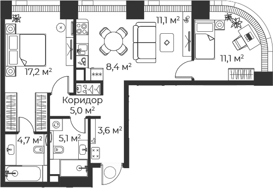 Планировка: Евротрёшка 66,3 м² в ЖК «Веер»