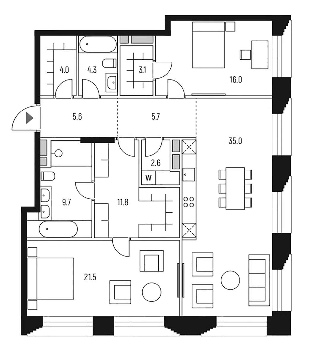 Планировка: Евротрёшка 119,3 м² в ЖК «Веспер Кутузовский»