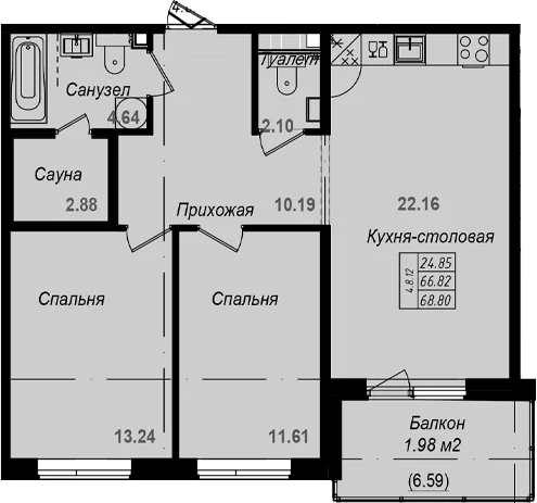 Планировка: Евротрёшка 66,8 м² в ЖК «Grona Lund»