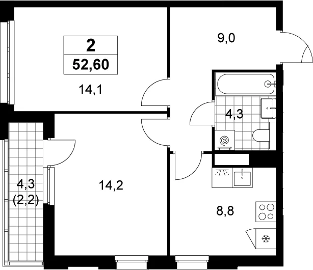 Планировка: 2-комнатная квартира 50,4 м² в ЖК «Деснаречье»