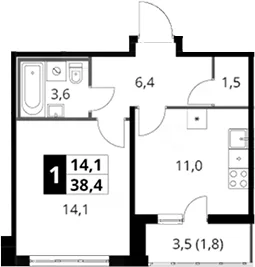 Планировка: 1-комнатная квартира 36,6 м² в ЖК «Южная Битца»