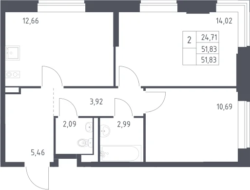 Планировка: 2-комнатная квартира 51,8 м² в ЖК «Пригород Лесное»