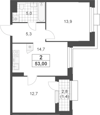 Планировка: 2-комнатная квартира 51,6 м² в ЖК «Южные сады»