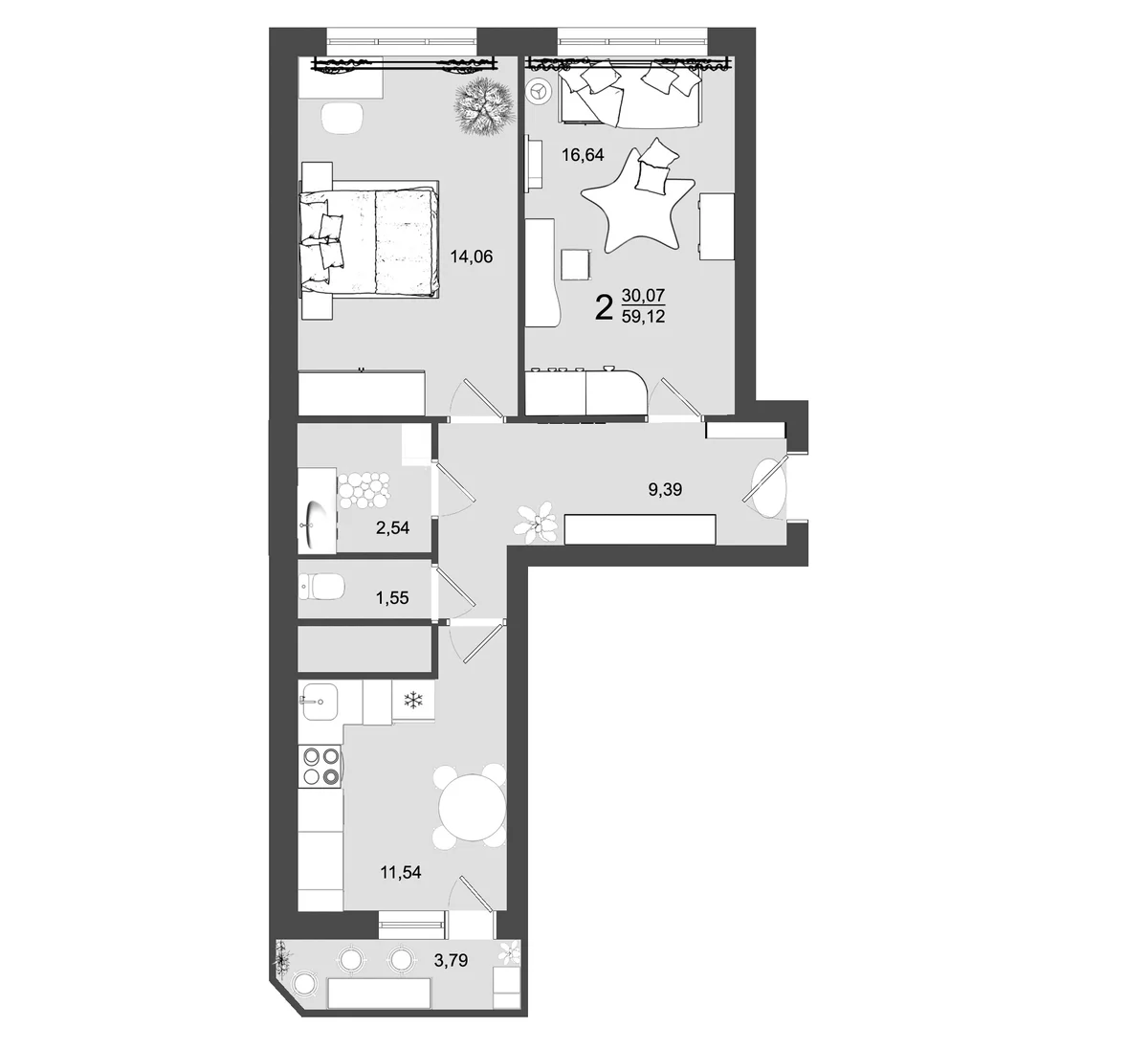Планировка: 2-комнатная квартира 57,2 м² в ЖК «Майданово Парк»