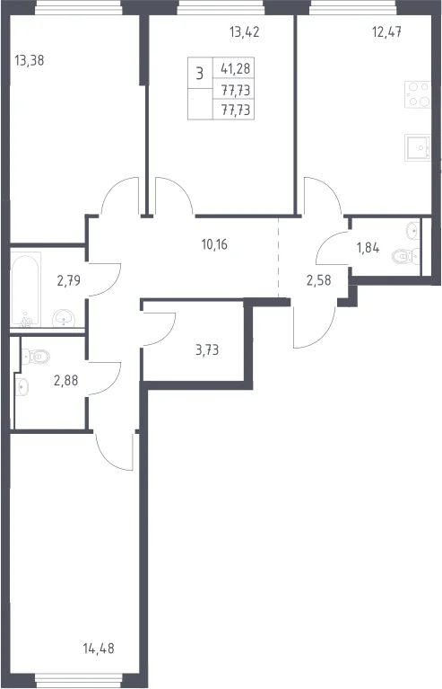 Планировка: 3-комнатная квартира 77,7 м² в ЖК «Пригород Лесное»