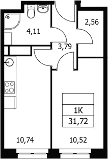 Планировка: 1-комнатная квартира 31,7 м² в ЖК «Волковская 67»