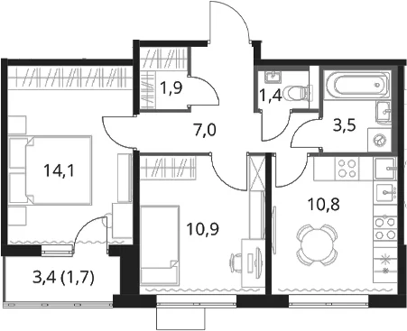 Планировка: 2-комнатная квартира 49,6 м² в ЖК «1-й Шереметьевский»