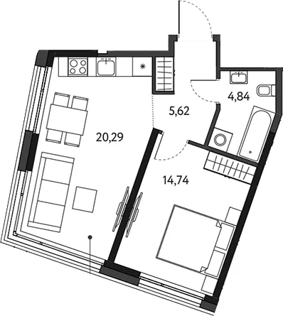 Планировка: Евродвушка 45,5 м² в ЖК «Кинетик. Резиденции на Дмитровском»