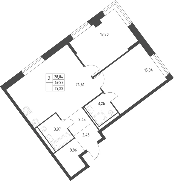 Планировка: Евротрёшка 69,2 м² в ЖК «Литературный Квартал»
