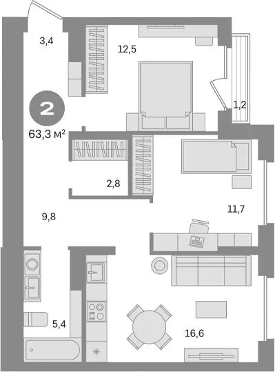Планировка: 2-комнатная квартира 62,1 м² в ЖК «Первый квартал. Вторая очередь»