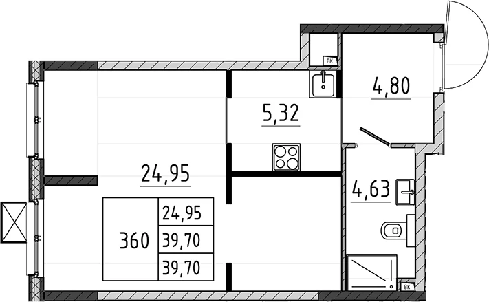 Планировка: Студия 39,7 м² в ЖК «Поварово-Молодежный-2»