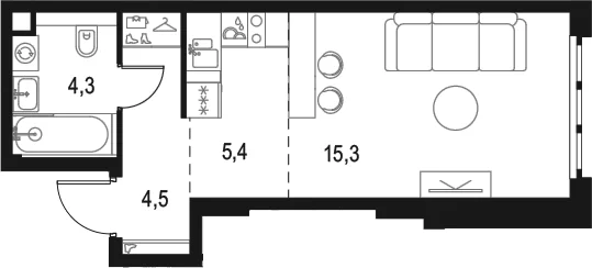 Планировка: Студия 29,5 м² в ЖК «Левел Южнопортовая»