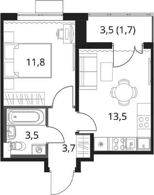 Планировка: 1-комнатная квартира 32,5 м² в ЖК «1-й Шереметьевский»