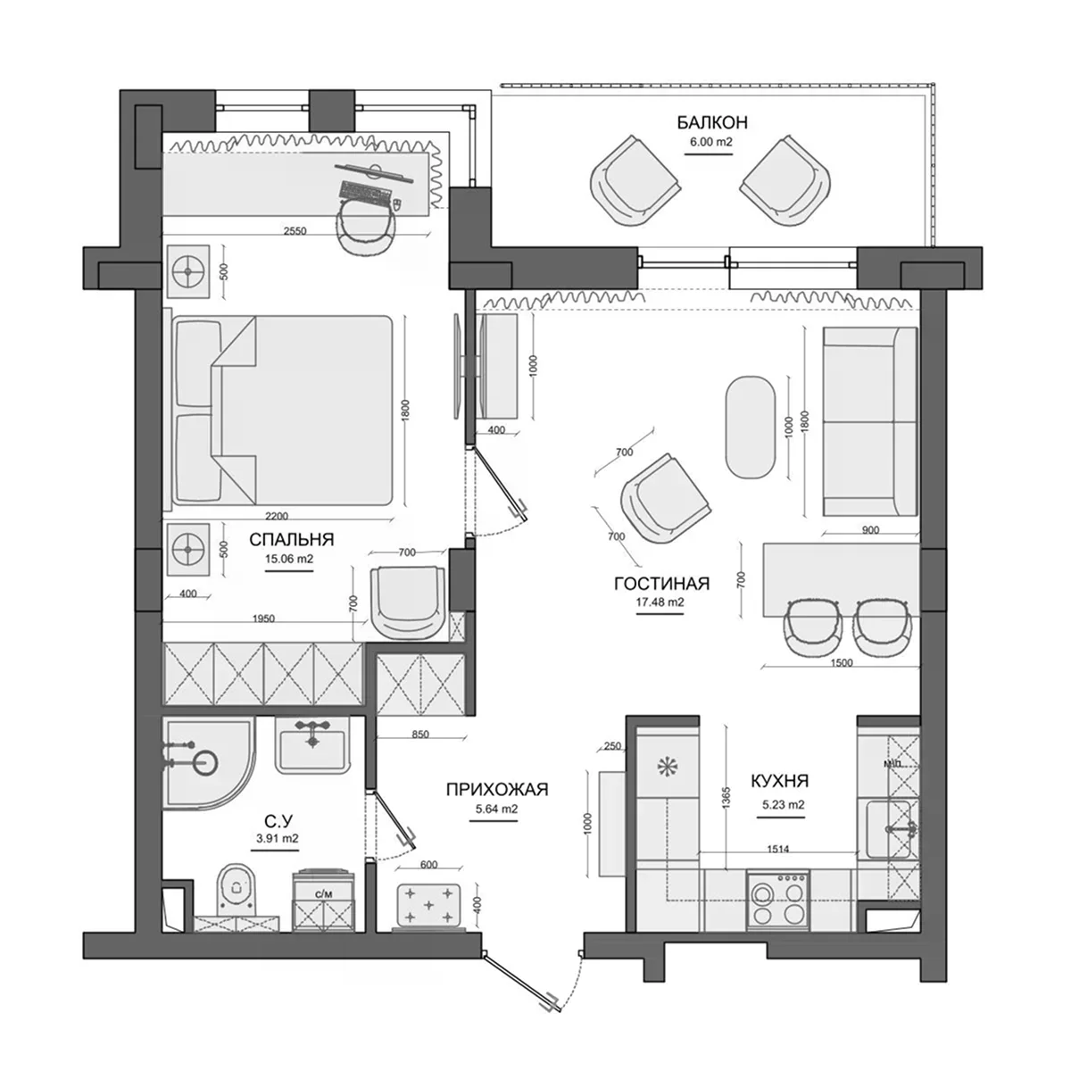 Планировка: Евродвушка 47,7 м² в ЖК «Лесной»