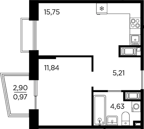 Планировка: Евродвушка 37,4 м² в ЖК «Респект»
