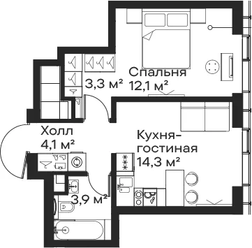 Планировка: Евродвушка 37,7 м² в ЖК «Сити Бэй»