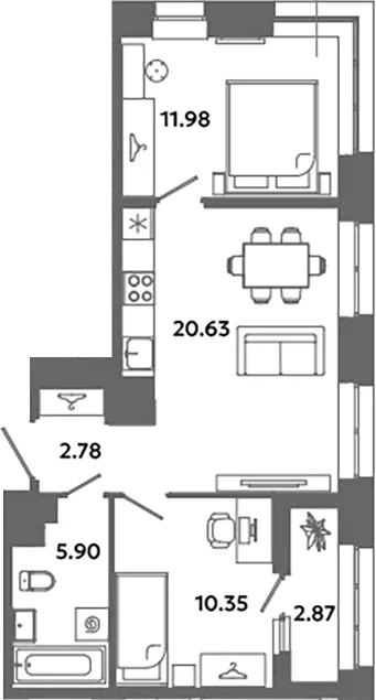 Планировка: Евротрёшка 51,6 м² в ЖК «Загляденье»