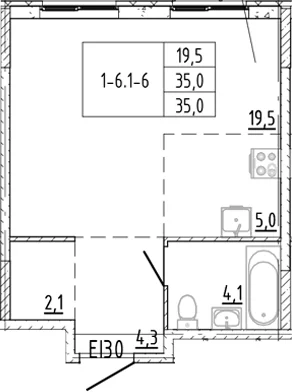 Планировка: Студия 35 м² в ЖК «Ягодное Река Парк»