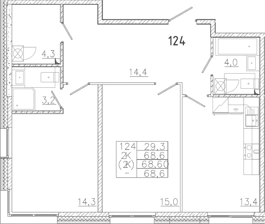 Планировка: 2-комнатная квартира 68,6 м² в ЖК «Лисино»