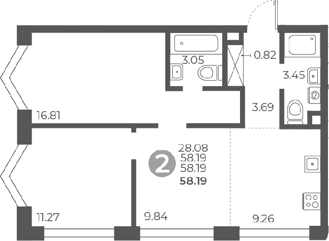 Планировка: 2-комнатная квартира 58,2 м² в ЖК «Мневники от Гранель»