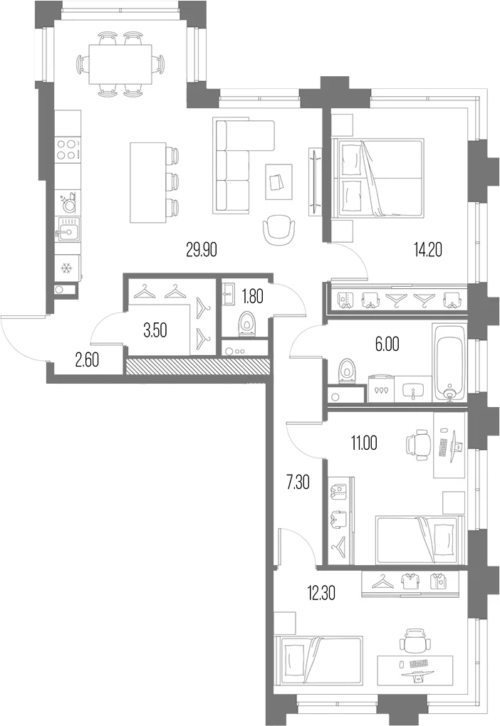 Планировка: Квартира евро-4 88,6 м² в ЖК «Легенда на Охте»