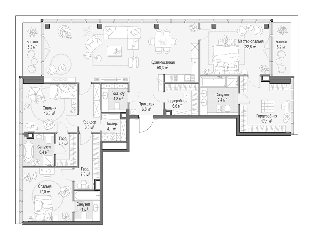 Планировка: Квартира евро-4 199,1 м² в ЖК «Клубный квартал Фрунзенский»