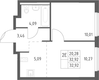 Планировка: Евродвушка 32,9 м² в ЖК «Горки Парк»