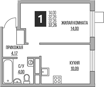 Планировка: 1-комнатная квартира 32,3 м² в ЖК «Гранель Притяжение Сити»