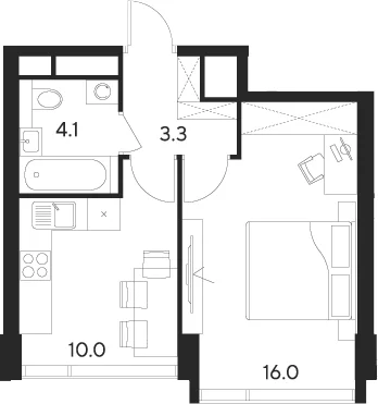 Планировка: 1-комнатная квартира 33,4 м² в ЖК «Инди Тауэрз от Аквилон»