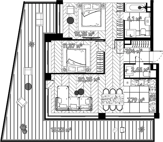 Планировка: Евротрёшка 72,3 м² в ЖК «Квартал Серебряный бор»
