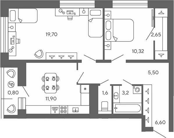 Планировка: 2-комнатная квартира 61,5 м² в ЖК «Экоквартал Гармония»
