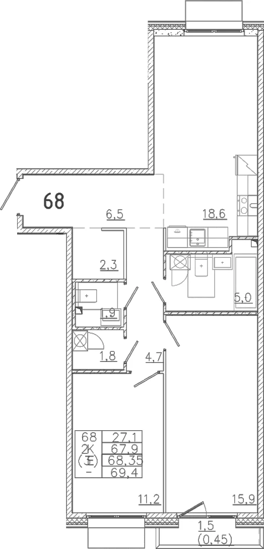 Планировка: Евротрёшка 67,9 м² в ЖК «Лисино»