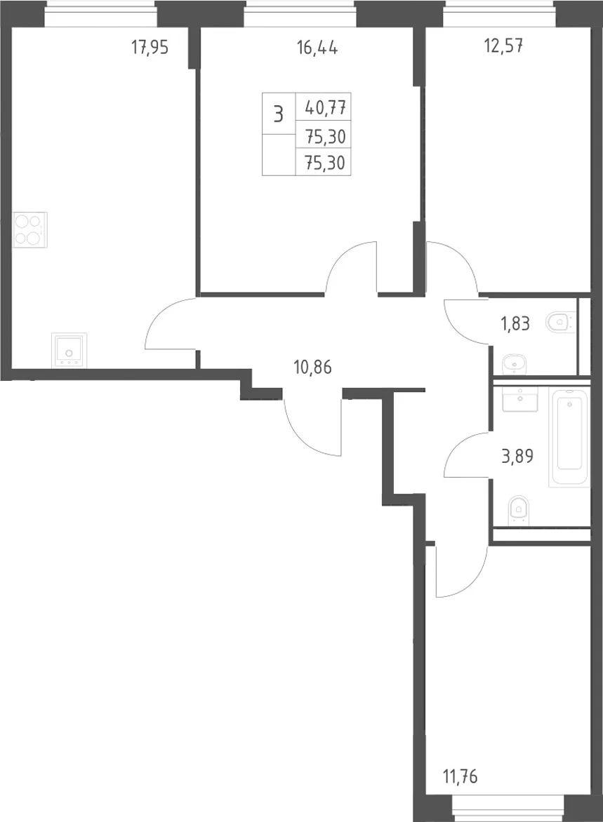 Планировка: 3-комнатная квартира 75,3 м² в ЖК «Квартал Домашний»